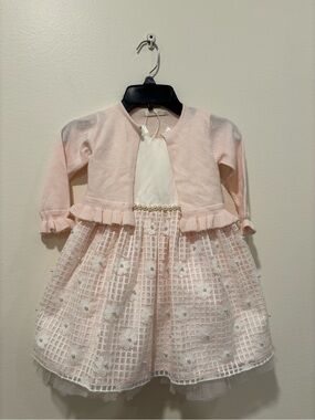 Girls Pink Pearl-Embellished Tulle Party Dress with Cardigan Brand New